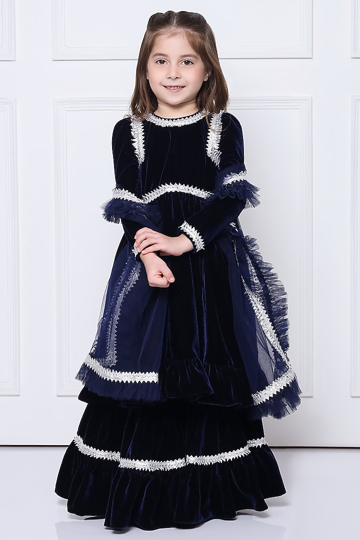 Navy Blue Velvet Sharara Set For Girls by The Pony & Peony Co at Pernia's Pop Up Shop