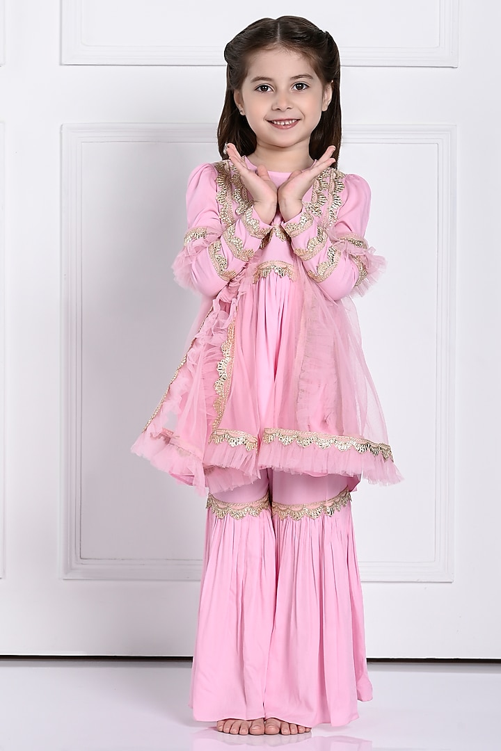 Light Pink Rayon Sharara Set For Girls by The Pony & Peony Co at Pernia's Pop Up Shop