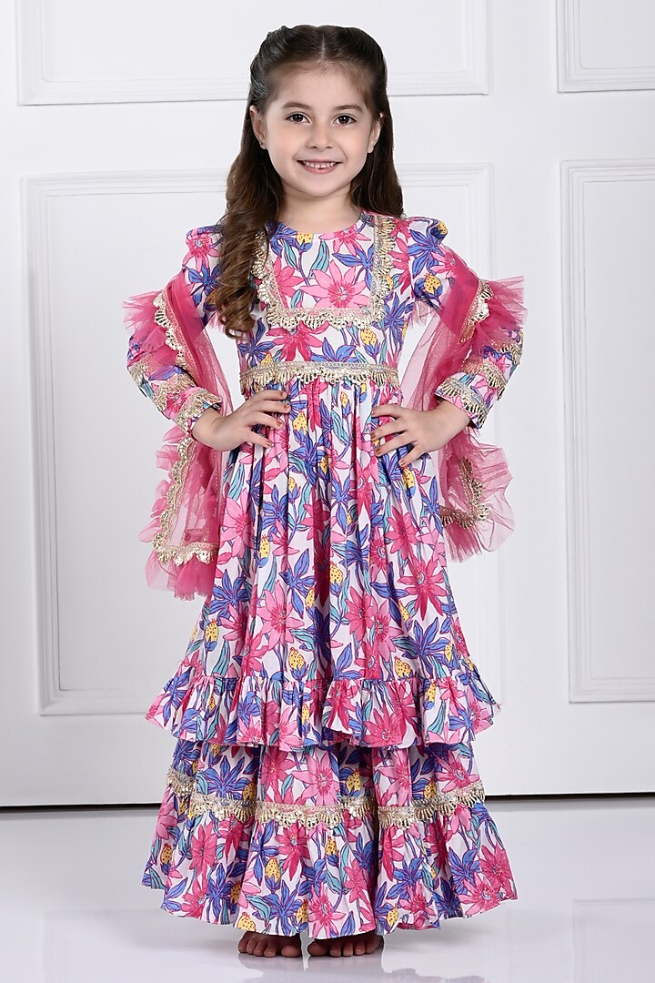 Multi-Colored Cotton Printed Sharara Set For Girls by The Pony & Peony Co at Pernia's Pop Up Shop