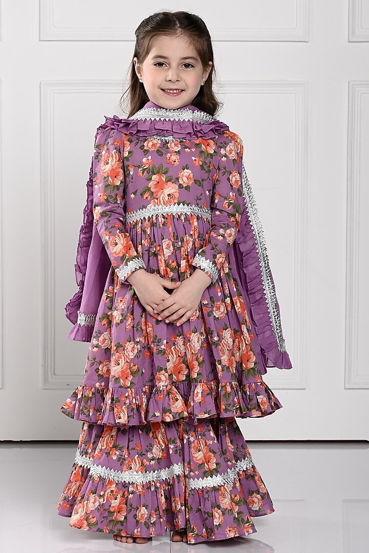 Purple Cotton Printed Sharara Set For Girls by The Pony & Peony Co at Pernia's Pop Up Shop