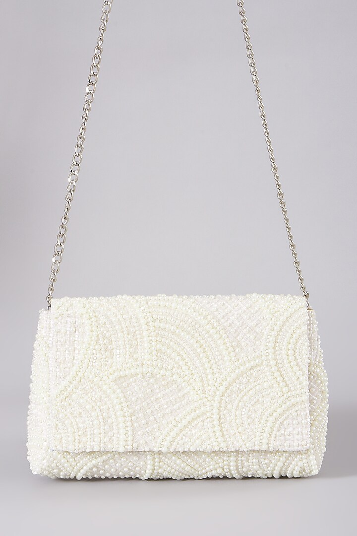 White Embellished Clutch With Sling Chain by The Purple Sack