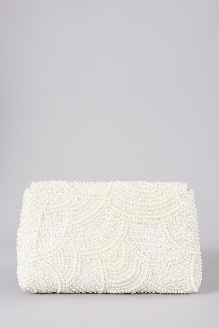 White Embellished Clutch With Sling Chain by The Purple Sack at Pernia's Pop Up Shop