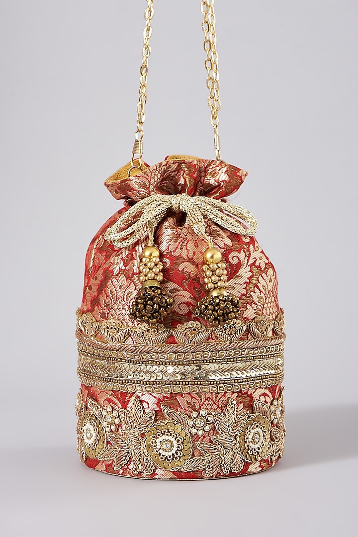 Red Brocade Potli With Sling Chain by The Purple Sack