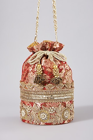 Red Brocade Potli With Sling Chain by The Purple Sack