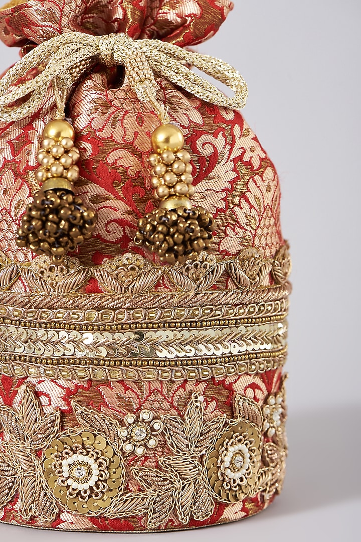 Red Brocade Potli With Sling Chain by The Purple Sack at Pernia's Pop Up Shop