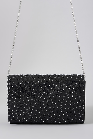 Black Hand Embroidered Clutch With Sling Chain by The Purple Sack