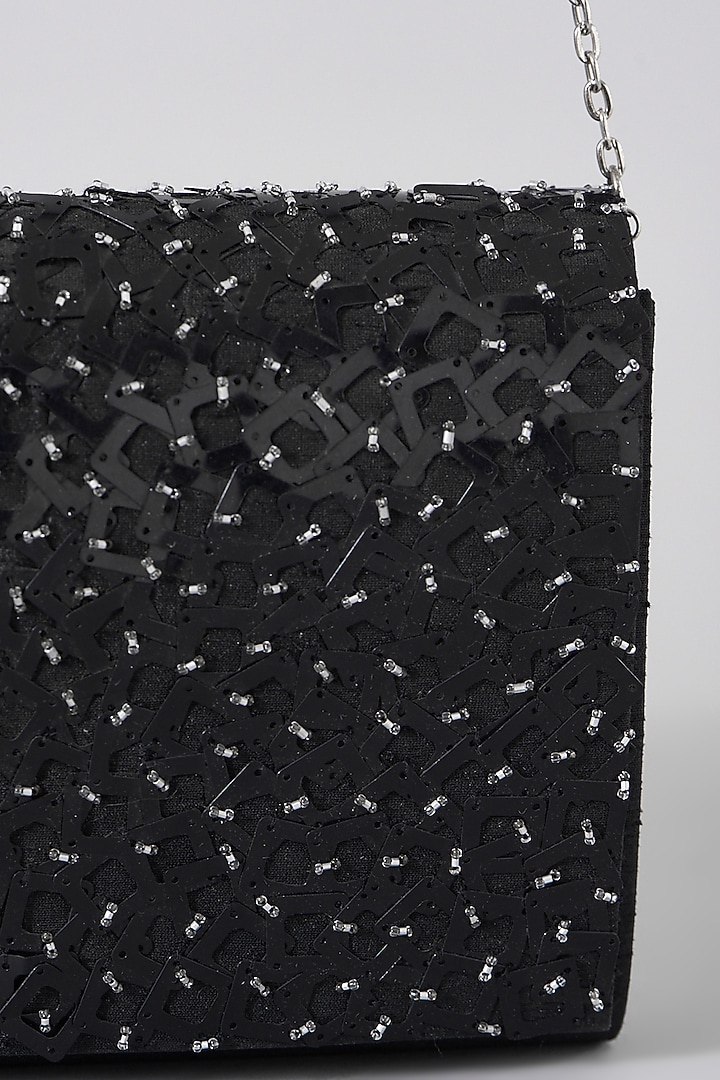Black Hand Embroidered Clutch With Sling Chain by The Purple Sack at Pernia's Pop Up Shop