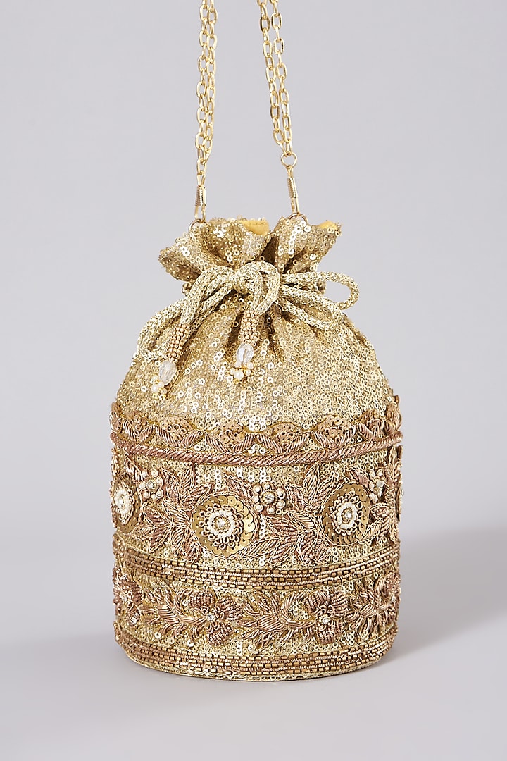 Golden Embellished Potli With Sling Chain by The Purple Sack