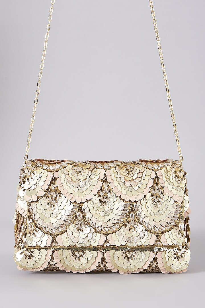 Beige Embellished Clutch With Sling Chain by The Purple Sack