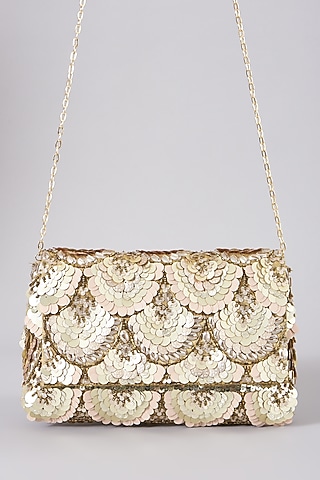 Beige Embellished Clutch With Sling Chain by The Purple Sack