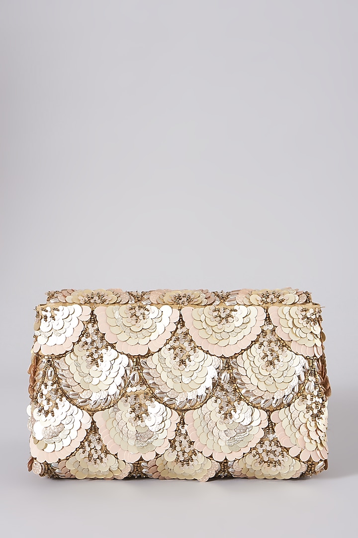 Beige Embellished Clutch With Sling Chain by The Purple Sack at Pernia's Pop Up Shop