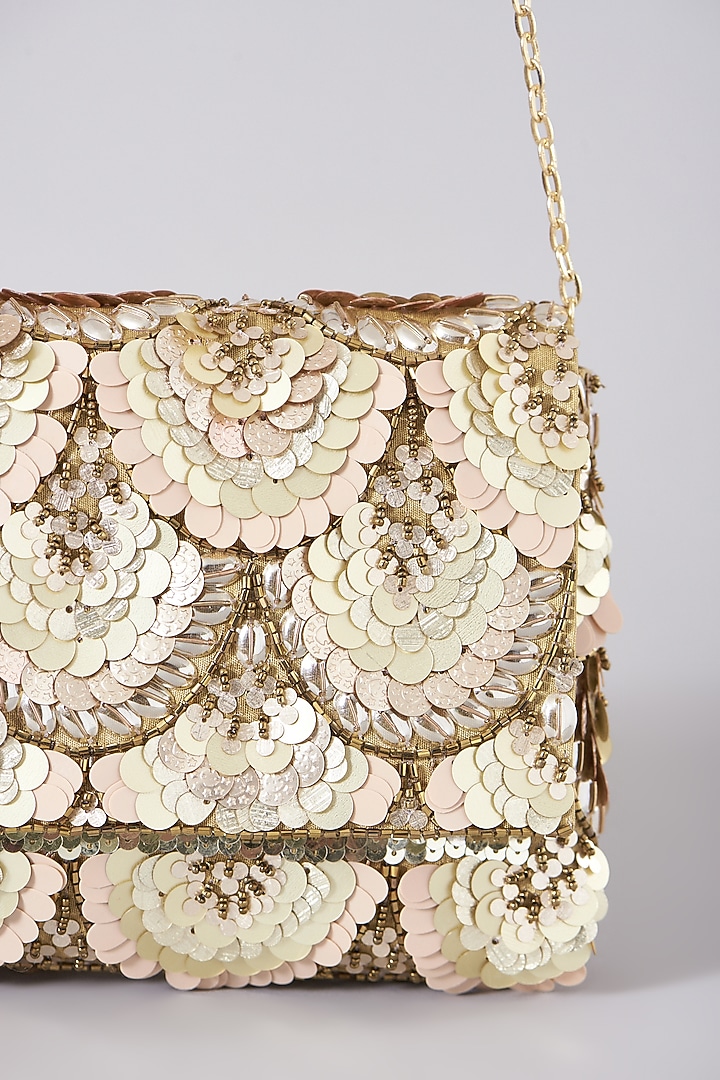 Beige Embellished Clutch With Sling Chain by The Purple Sack at Pernia's Pop Up Shop
