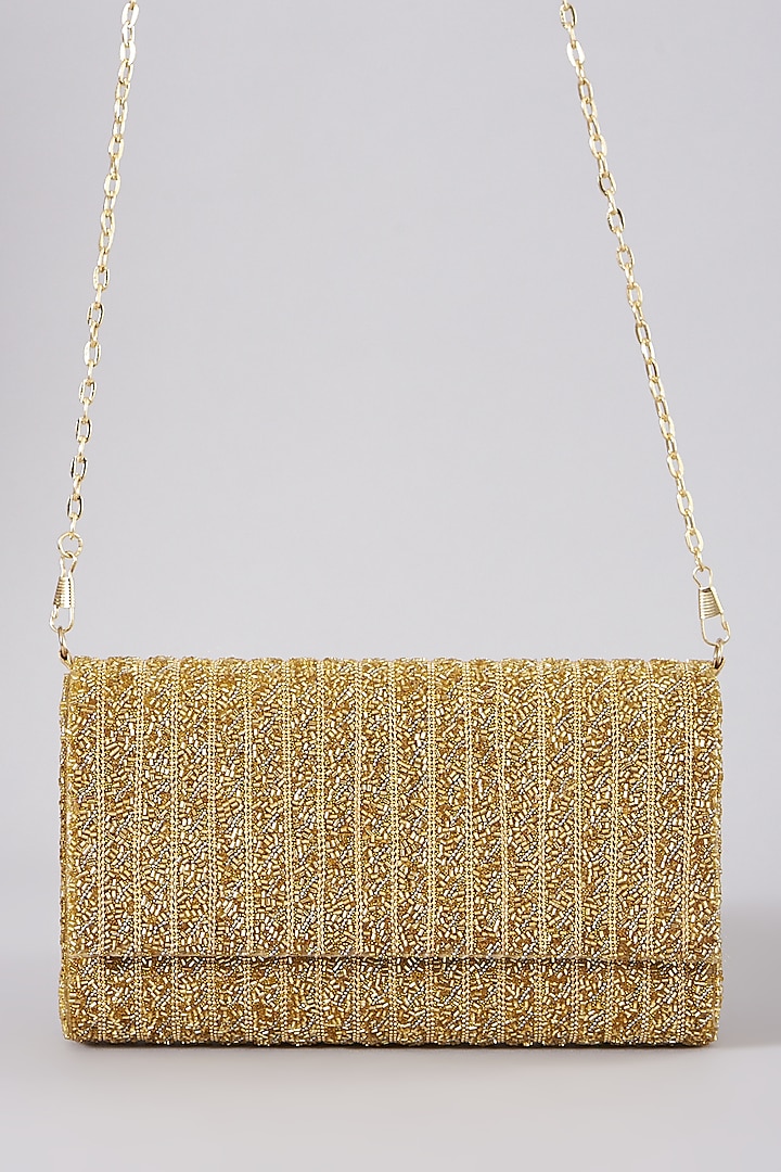 Golden Embellished Clutch With Sling Chain by The Purple Sack