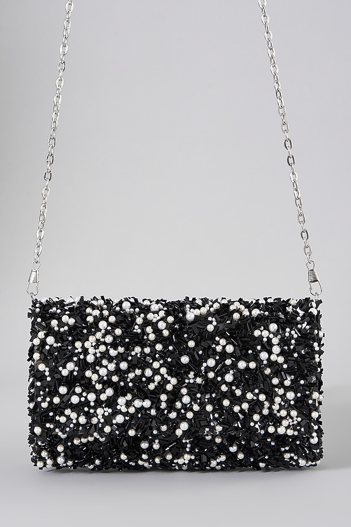 Black Embellished Clutch With Sling Chain by The Purple Sack