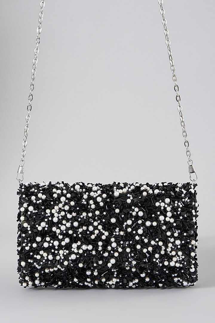 Black Embellished Clutch With Sling Chain by The Purple Sack at Pernia's Pop Up Shop