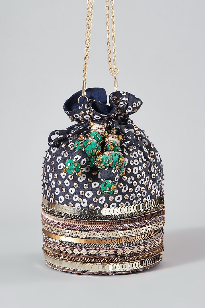 Blue Embellished Potli With Sling Chain by The Purple Sack
