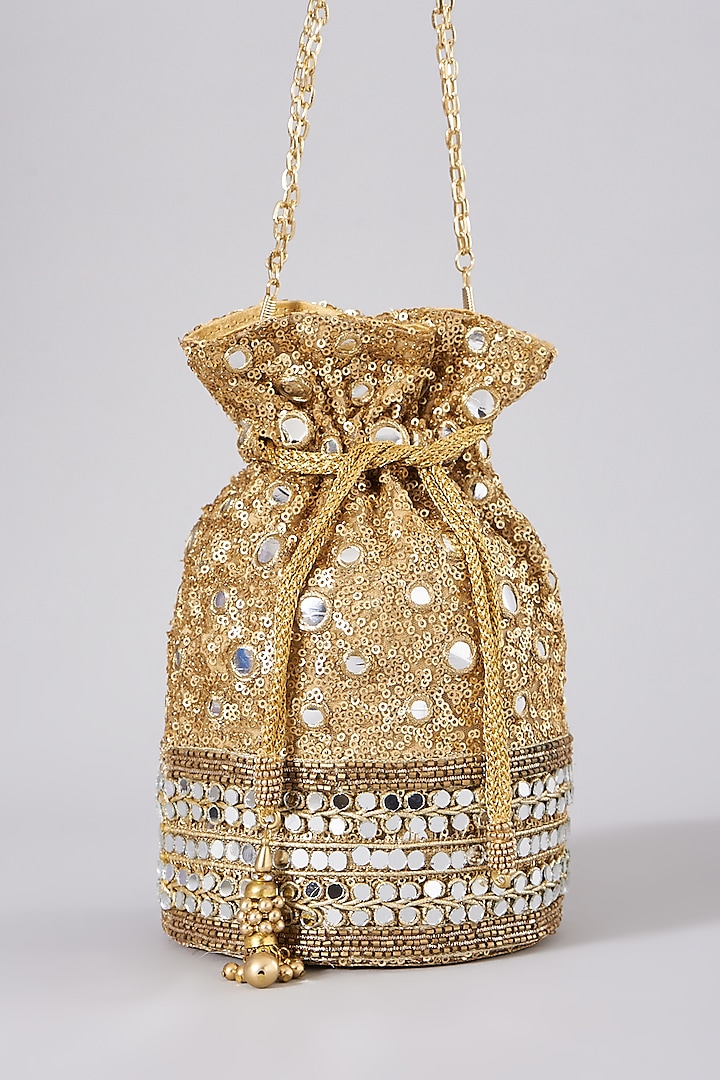 Golden Embellished Potli With Chain by The Purple Sack