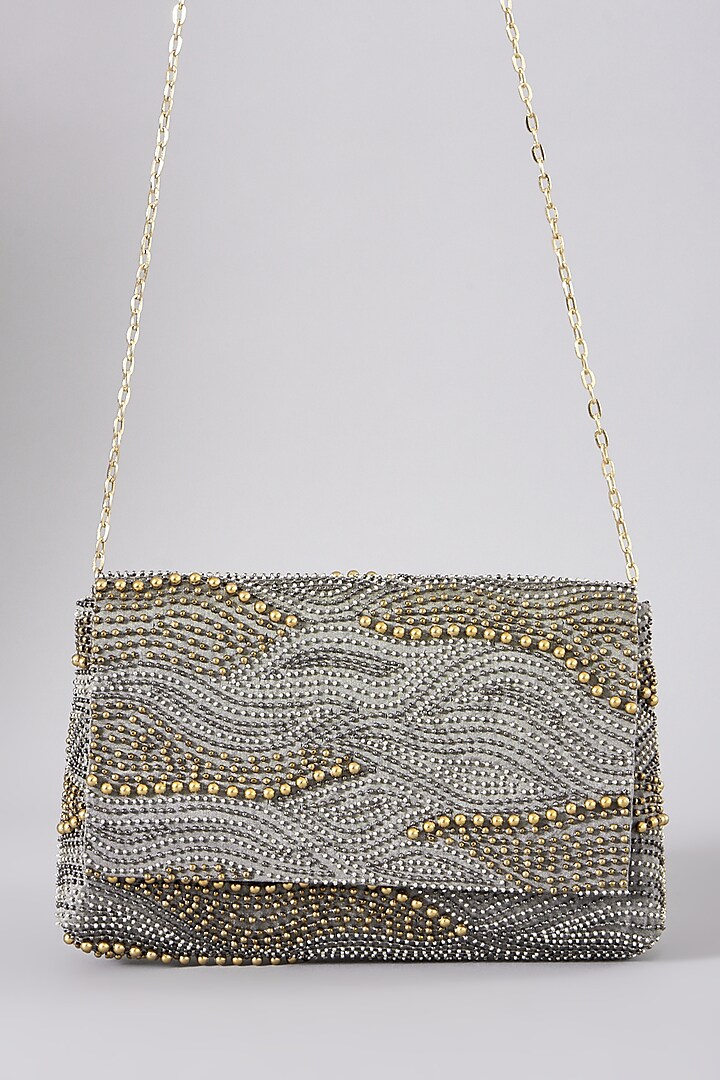 Grey Embellished Clutch With Sling Chain by The Purple Sack