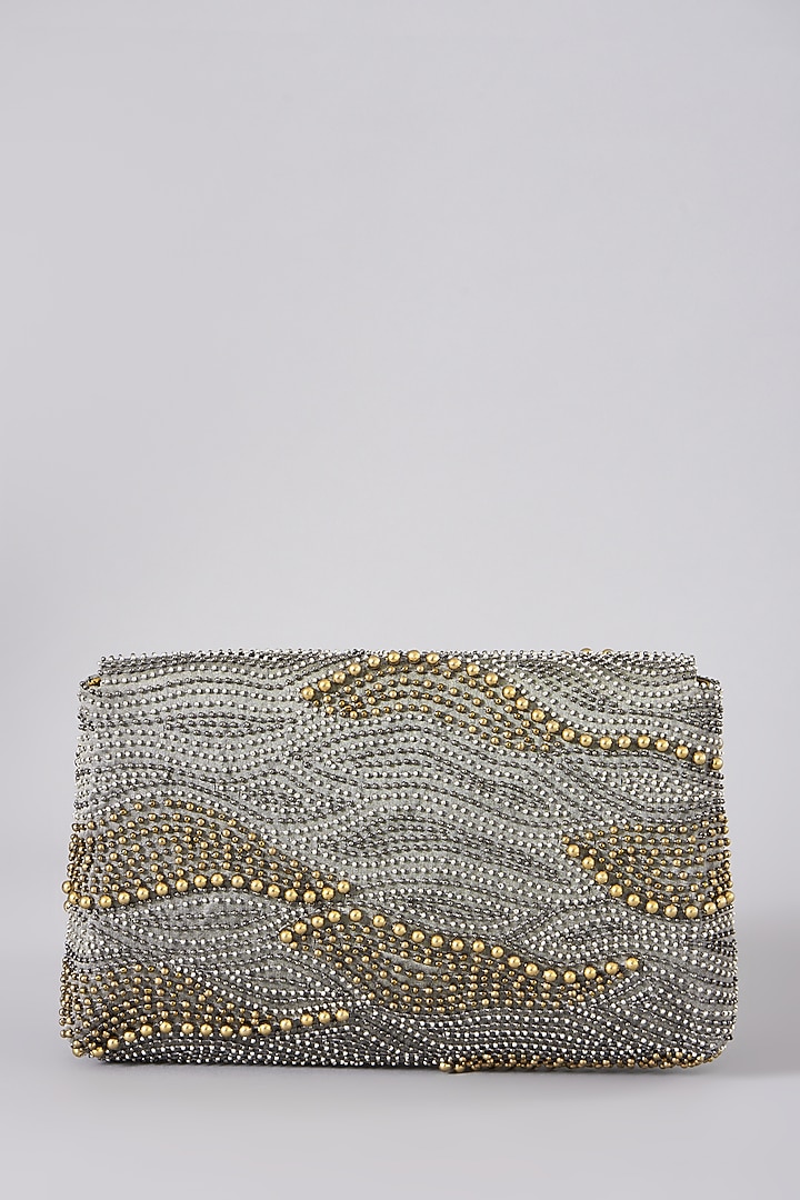 Grey Embellished Clutch With Sling Chain by The Purple Sack at Pernia's Pop Up Shop