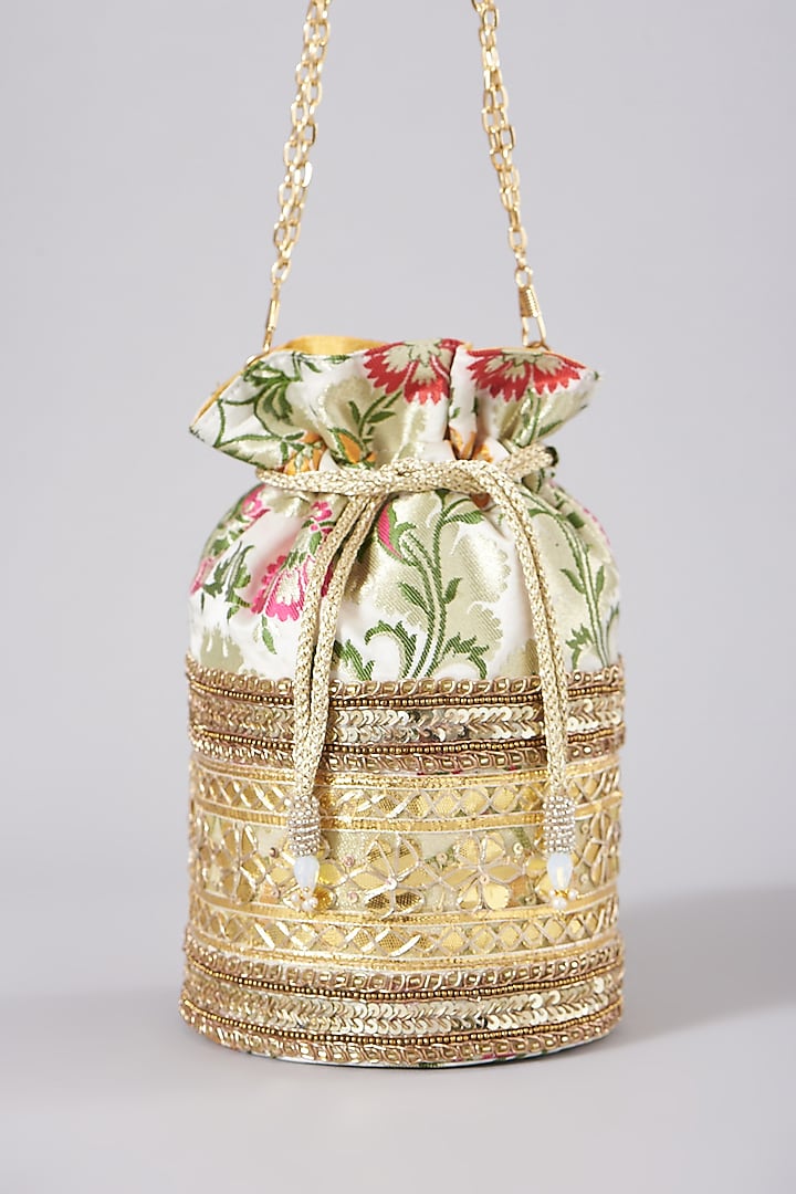 White & Gold Brocade Potli With Sling Chain by The Purple Sack