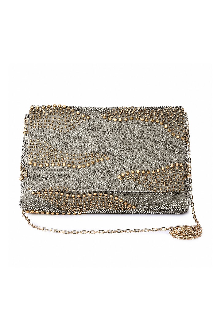 Grey Raw Silk Hand Embroidered Clutch by The Purple Sack at Pernia's Pop Up Shop