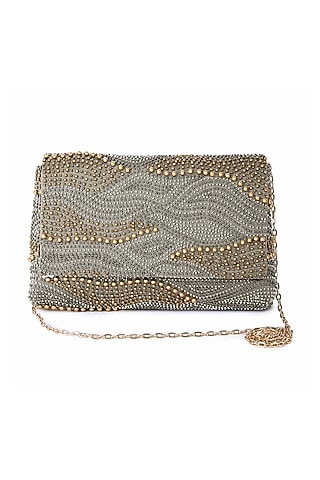 Grey Raw Silk Hand Embroidered Clutch by The Purple Sack
