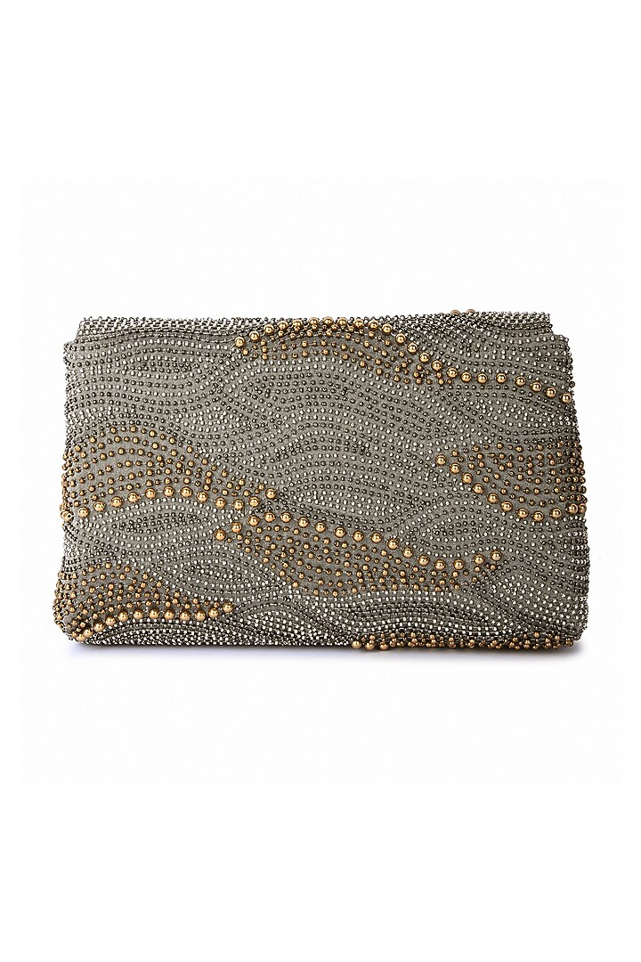 Grey Raw Silk Hand Embroidered Clutch by The Purple Sack at Pernia's Pop Up Shop