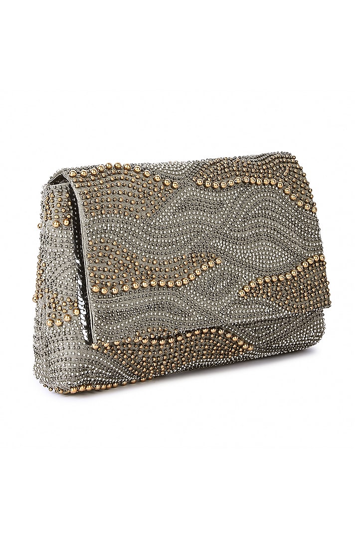Grey Raw Silk Hand Embroidered Clutch by The Purple Sack at Pernia's Pop Up Shop
