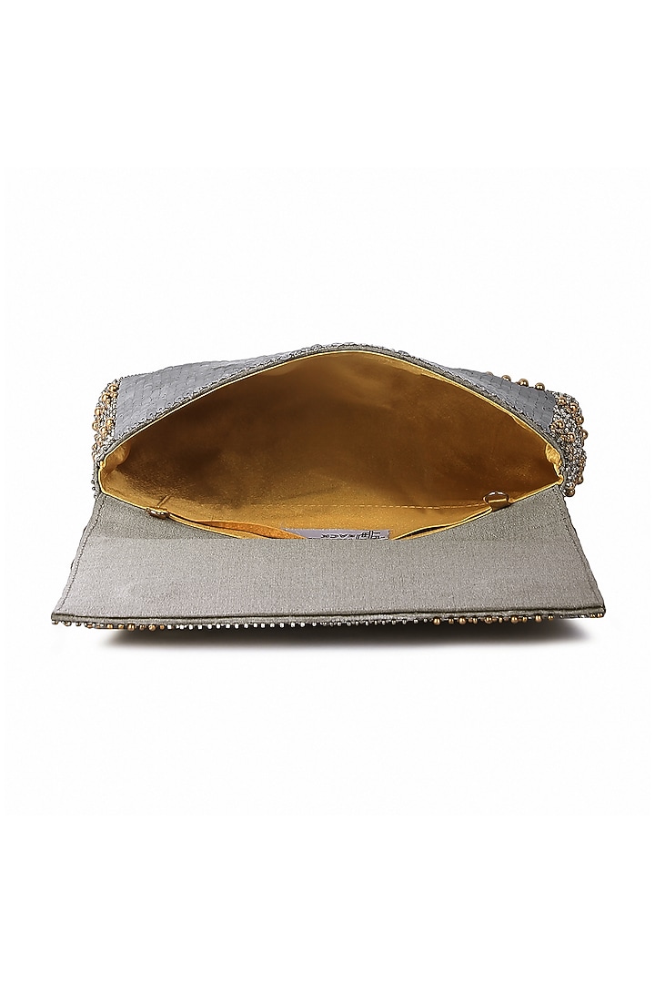 Grey Raw Silk Hand Embroidered Clutch by The Purple Sack at Pernia's Pop Up Shop