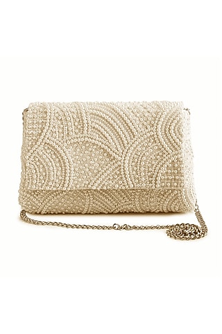 White Raw Silk Hand Embroidered Clutch by The Purple Sack