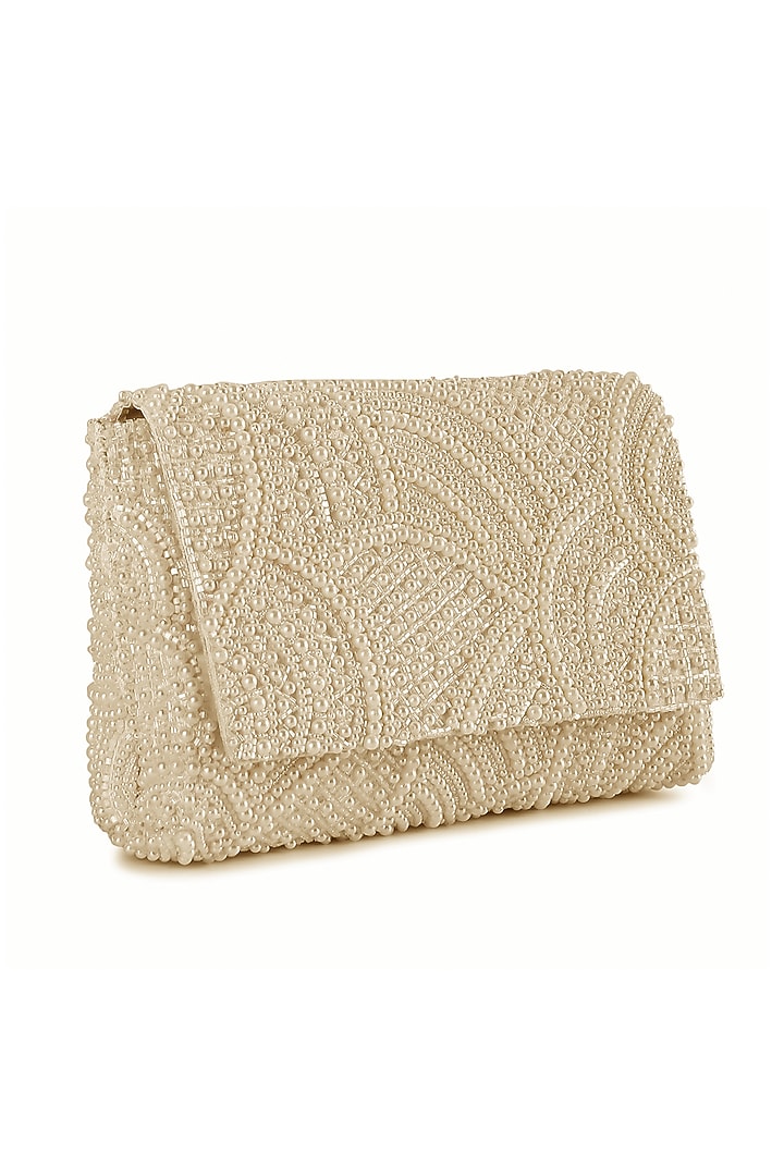 White Raw Silk Hand Embroidered Clutch by The Purple Sack at Pernia's Pop Up Shop