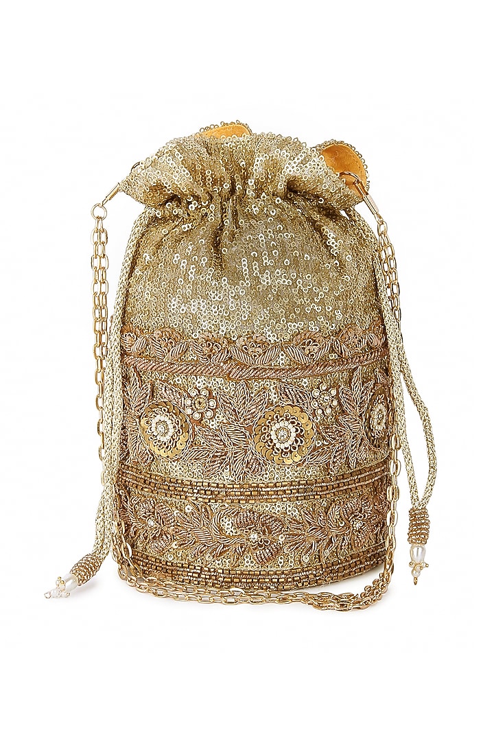 Golden Raw Silk Hand Embroidered Potli by The Purple Sack at Pernia's Pop Up Shop