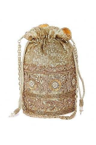 Golden Raw Silk Hand Embroidered Potli by The Purple Sack