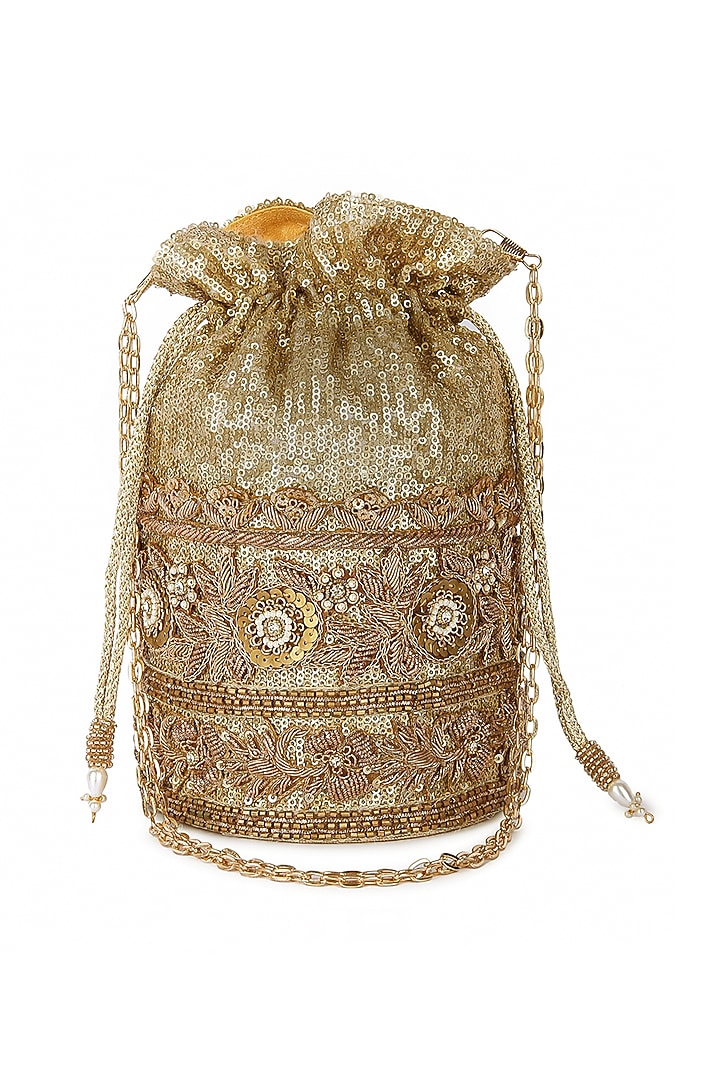 Golden Raw Silk Hand Embroidered Potli by The Purple Sack at Pernia's Pop Up Shop