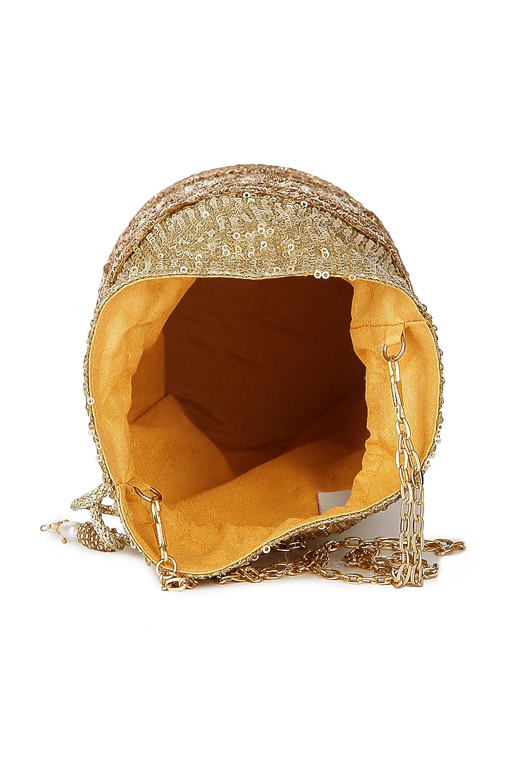 Golden Raw Silk Hand Embroidered Potli by The Purple Sack at Pernia's Pop Up Shop