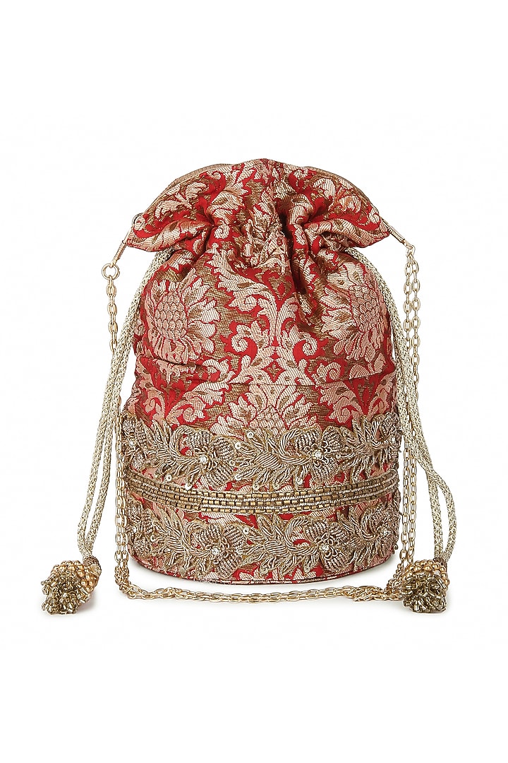 Red Raw Silk Hand Embroidered Potli by The Purple Sack at Pernia's Pop Up Shop