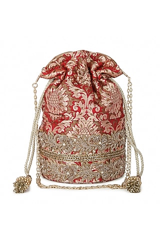 Red Raw Silk Hand Embroidered Potli by The Purple Sack