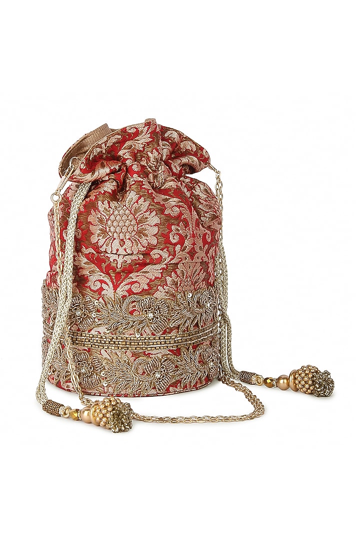 Red Raw Silk Hand Embroidered Potli by The Purple Sack at Pernia's Pop Up Shop