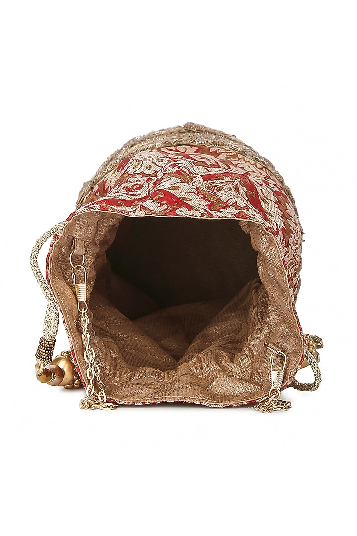 Red Raw Silk Hand Embroidered Potli by The Purple Sack at Pernia's Pop Up Shop