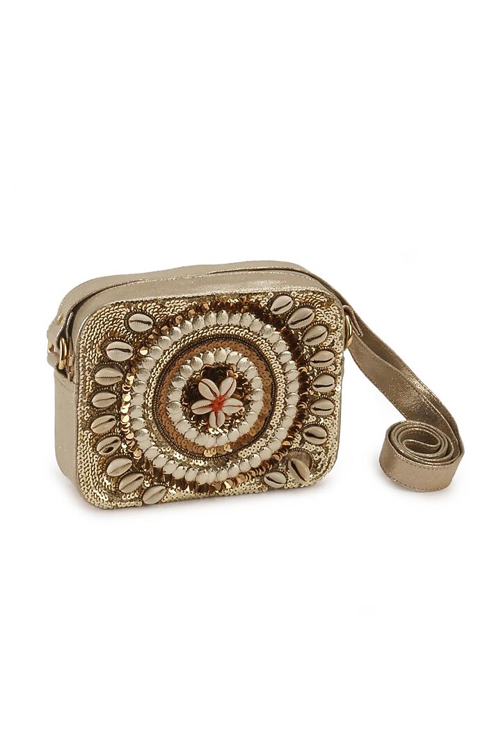 Gold Raw Silk Hand Embroidered Clutch by The Purple Sack at Pernia's Pop Up Shop