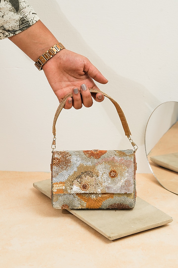 Golden Raw Silk Floral Sequins Work Handcrafted Clutch by The Purple Sack at Pernia's Pop Up Shop