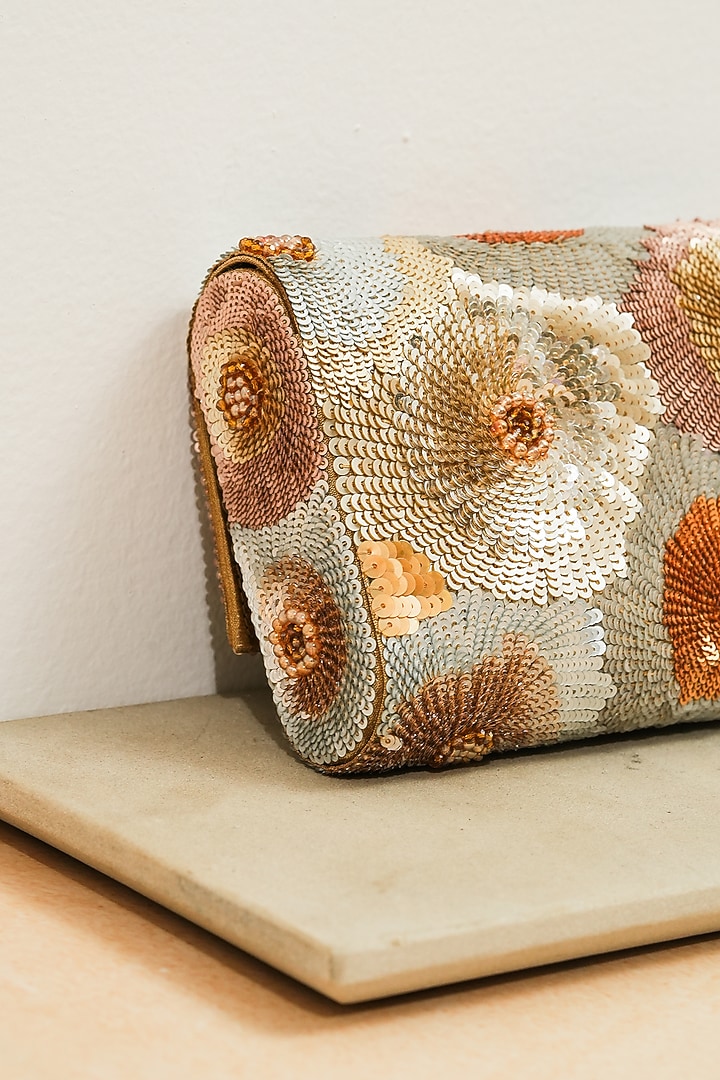 Golden Raw Silk Floral Sequins Work Handcrafted Clutch by The Purple Sack at Pernia's Pop Up Shop