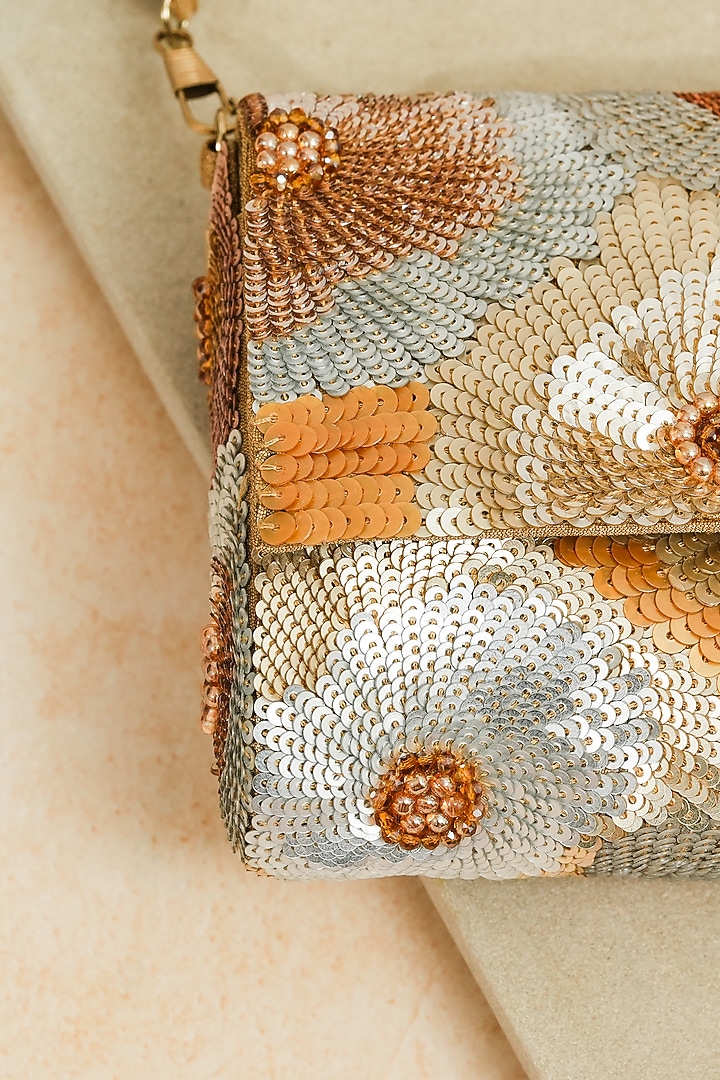 Golden Raw Silk Floral Sequins Work Handcrafted Clutch by The Purple Sack at Pernia's Pop Up Shop
