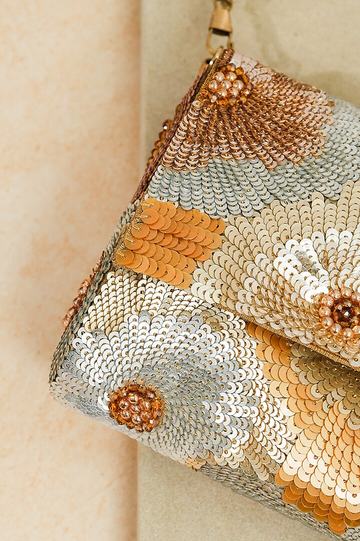 Golden Raw Silk Floral Sequins Work Handcrafted Clutch by The Purple Sack at Pernia's Pop Up Shop