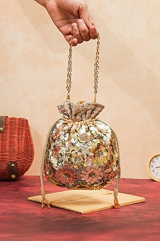 Gold Raw Silk Handcrafted Floral Potli by The Purple Sack
