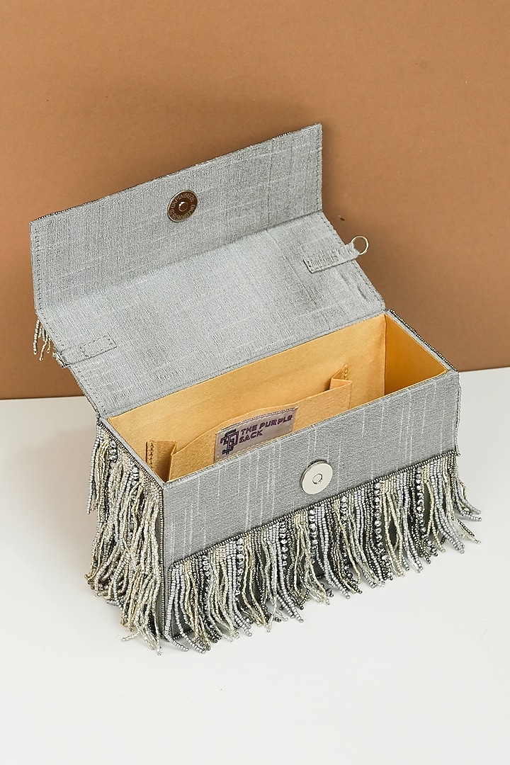 Grey Raw Silk Handcrafted Clutch by The Purple Sack at Pernia's Pop Up Shop