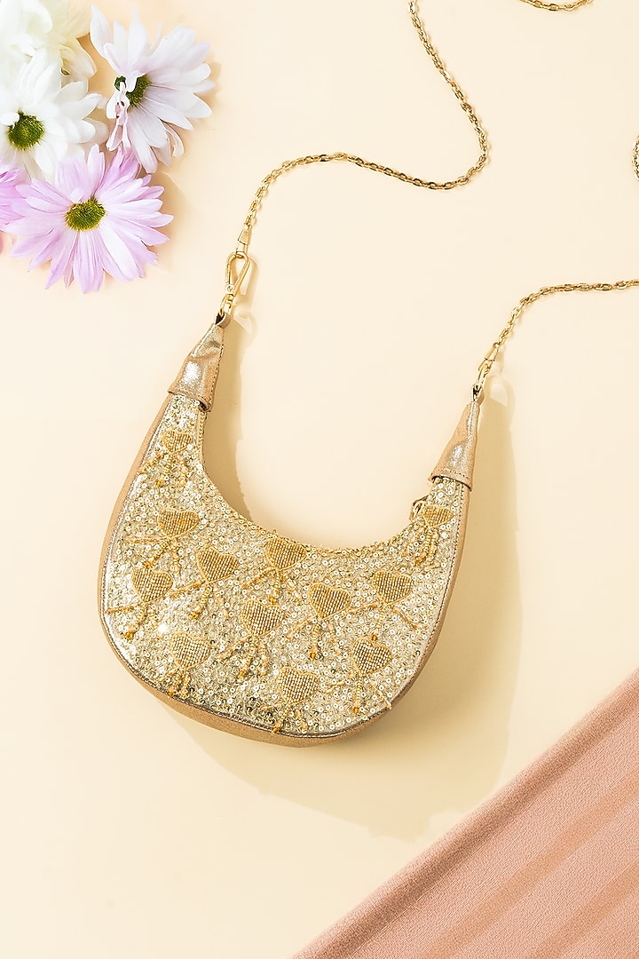 Gold Leatherette Half Moon Handcrafted Clutch by The Purple Sack at Pernia's Pop Up Shop