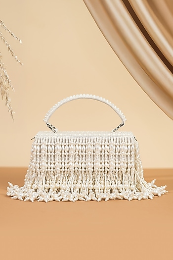 White Raw Silk Pearl Work Handcrafted Clutch by The Purple Sack at Pernia's Pop Up Shop