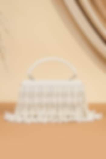 White Raw Silk Pearl Work Handcrafted Clutch by The Purple Sack at Pernia's Pop Up Shop
