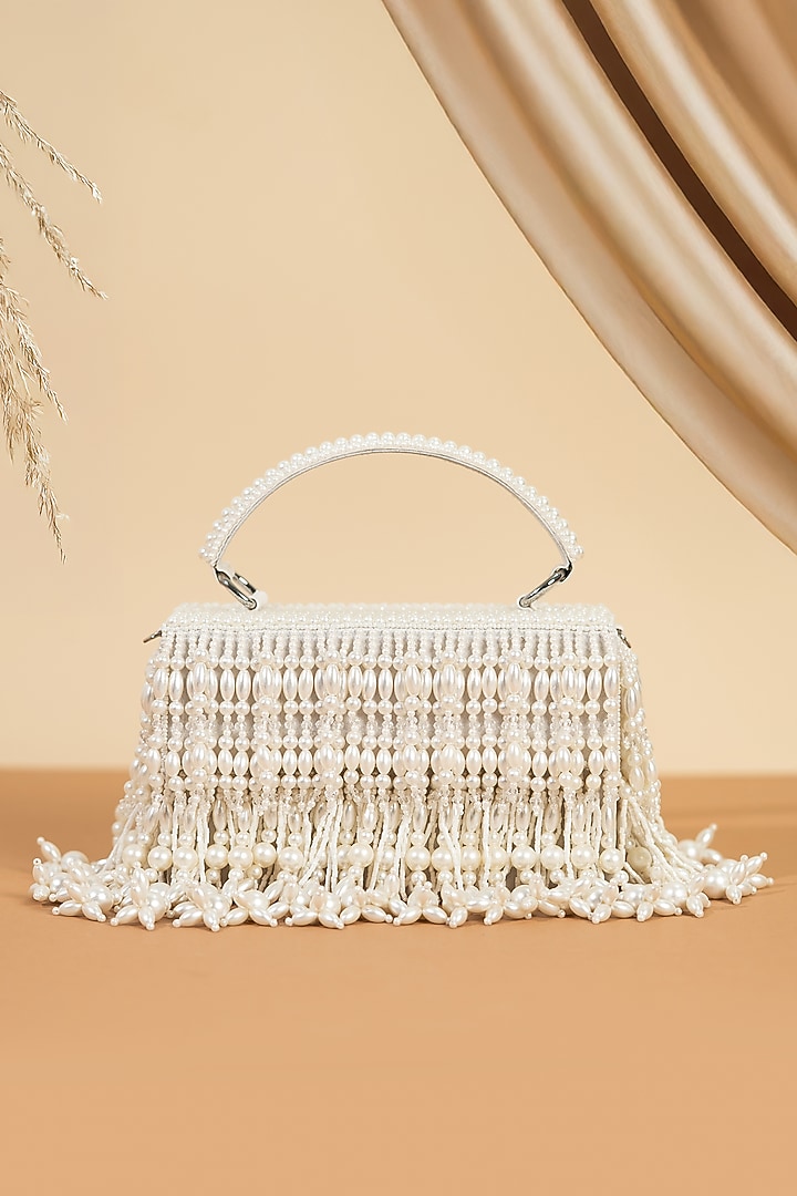 White Raw Silk Pearl Work Handcrafted Clutch by The Purple Sack at Pernia's Pop Up Shop